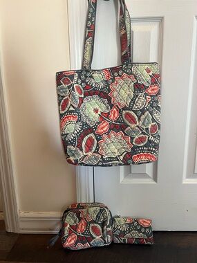 Vera Bradley Quilted Navy Tote with Red & Mint Floral Print